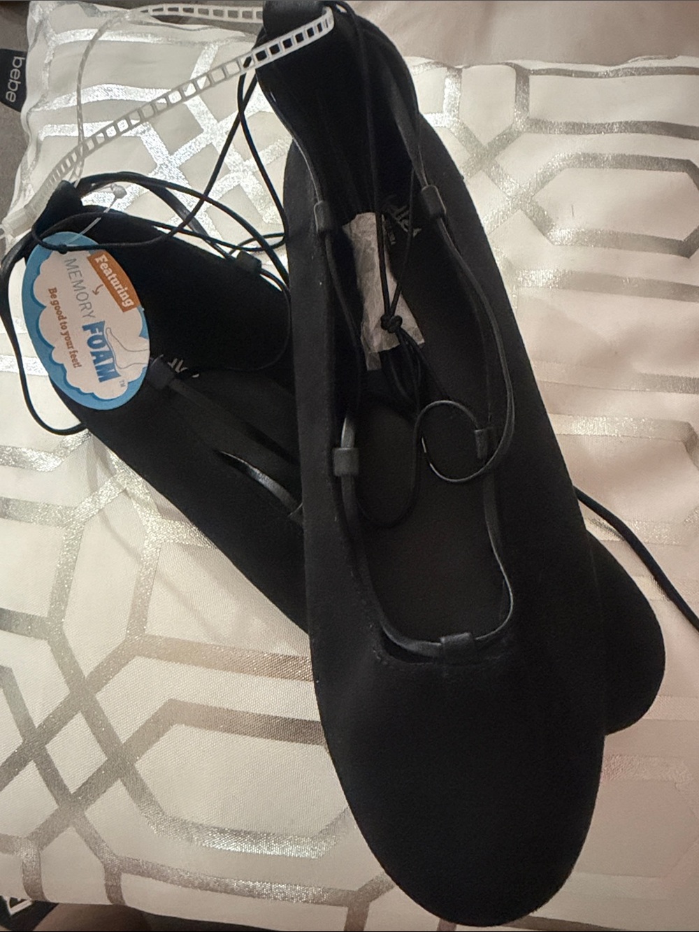 bebe Black Lace-Up Ballet Flats with Memory Foam